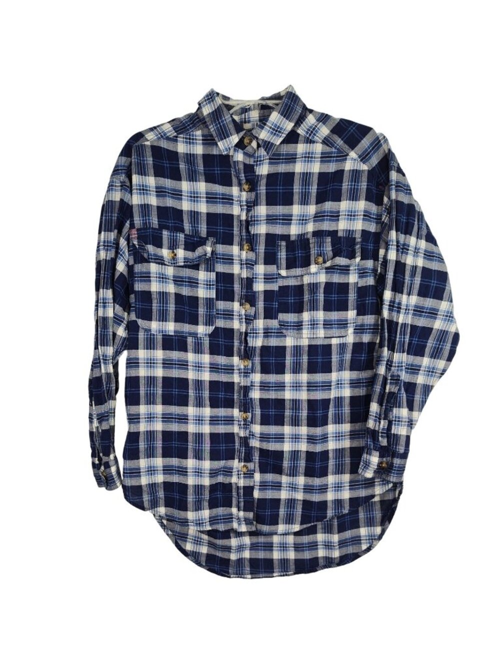 BDG Button Up Shirt Men Size S Blue White Plaid Flap Pockets Long Sleeve